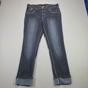 MXM Jeans Dark Wash Contrast Stitch Scroll Embroidered Blue Womens 14